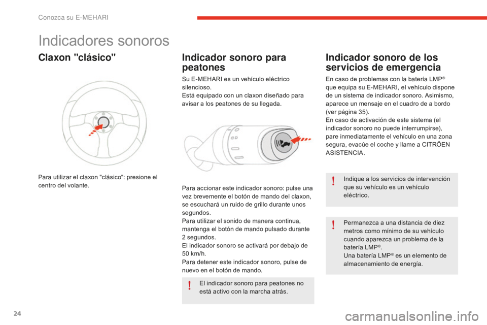 CITROEN E-MEHARI 2017  Manuales de Empleo (in Spanish) 24
e-mehari_es_Chap01_faite-connaissance_ed02-2016
Indicadores sonoros
Indique a los servicios de intervención 
que su vehículo es un vehículo 
eléctrico.
Permanezca a una distancia de diez 
metro