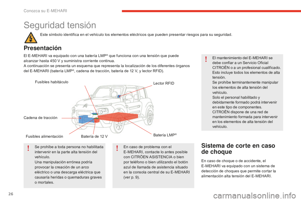 CITROEN E-MEHARI 2017  Manuales de Empleo (in Spanish) 26
e-mehari_es_Chap01_faite-connaissance_ed02-2016
Seguridad tensión
Este símbolo identifica en el vehículo los elementos eléctricos que pueden presentar riesgos para su seguridad.
Presentación
E