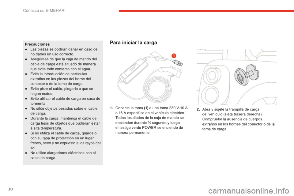 CITROEN E-MEHARI 2017  Manuales de Empleo (in Spanish) 30
e-mehari_es_Chap01_faite-connaissance_ed02-2016
Precauciones
● Las piezas se podrían dañar en caso de 
no darles un uso correcto.
●
 As

egúrese de que la caja de mando del 
cable de carga e