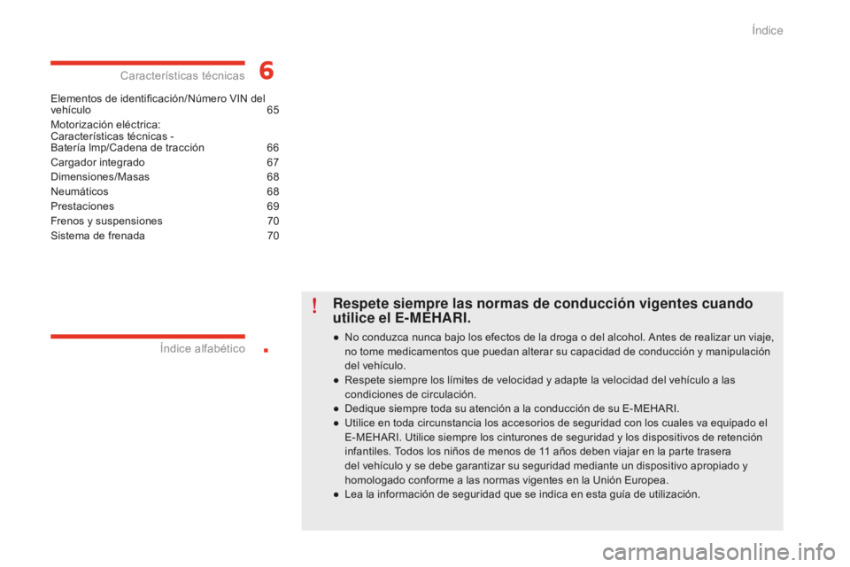 CITROEN E-MEHARI 2017  Manuales de Empleo (in Spanish) .
e-mehari_es_Chap00a_sommaire_ed02-2016
Elementos de identificación/Número VIN del 
vehículo 65
M
otorización eléctrica:  
Características técnicas -  
Batería lmp/Cadena de tracción
 66
C

