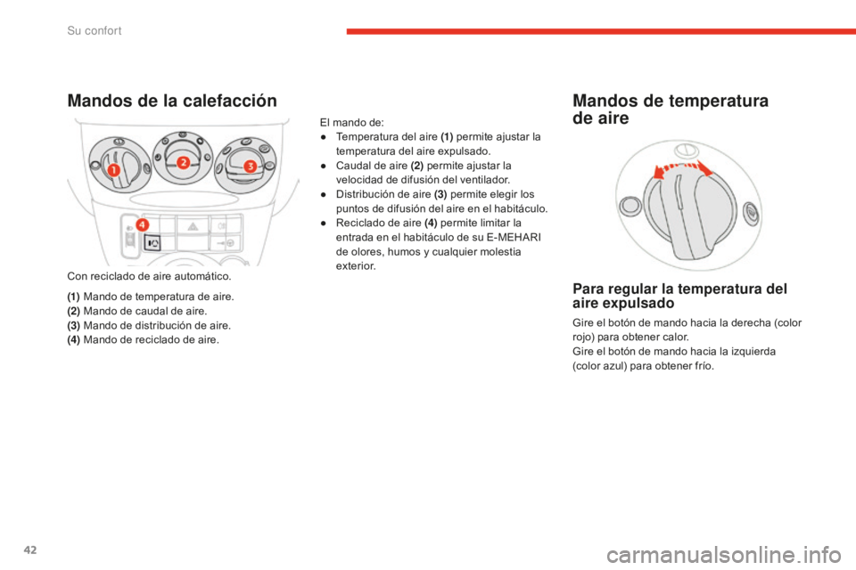 CITROEN E-MEHARI 2017  Manuales de Empleo (in Spanish) 42
e-mehari_es_Chap03_confort_ed02-2016
Mandos de la calefacción
Con reciclado de aire automático.
(1)
 Ma
ndo de temperatura de aire.
(2)
 Ma

ndo de caudal de aire.
(3)
 Ma

ndo de distribución d