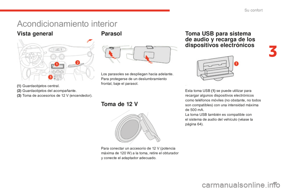 CITROEN E-MEHARI 2017  Manuales de Empleo (in Spanish) 47
e-mehari_es_Chap03_confort_ed02-2016
Acondicionamiento interior
Vista general
(1) Guardaobjetos central.
(2 ) Guar daobjetos del acompañante.
(3)
 To

ma de accesorios de 12
 V (
 encendedor).
Par