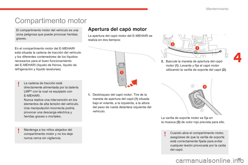 CITROEN E-MEHARI 2017 Manuales de Empleo (in Spanish) 53
e-mehari_es_Chap04_entretien_ed02-2016
La cadena de tracción está
directamente alimentada por la batería
LMP
® con la cual va equipado con
E-MEHARI.
Nunca realice una intervención en los
e CITROEN E-MEHARI 2017 Manuales de Empleo (in Spanish) 53
e-mehari_es_Chap04_entretien_ed02-2016
La cadena de tracción está
directamente alimentada por la batería
LMP
® con la cual va equipado con
E-MEHARI.
Nunca realice una intervención en los
e