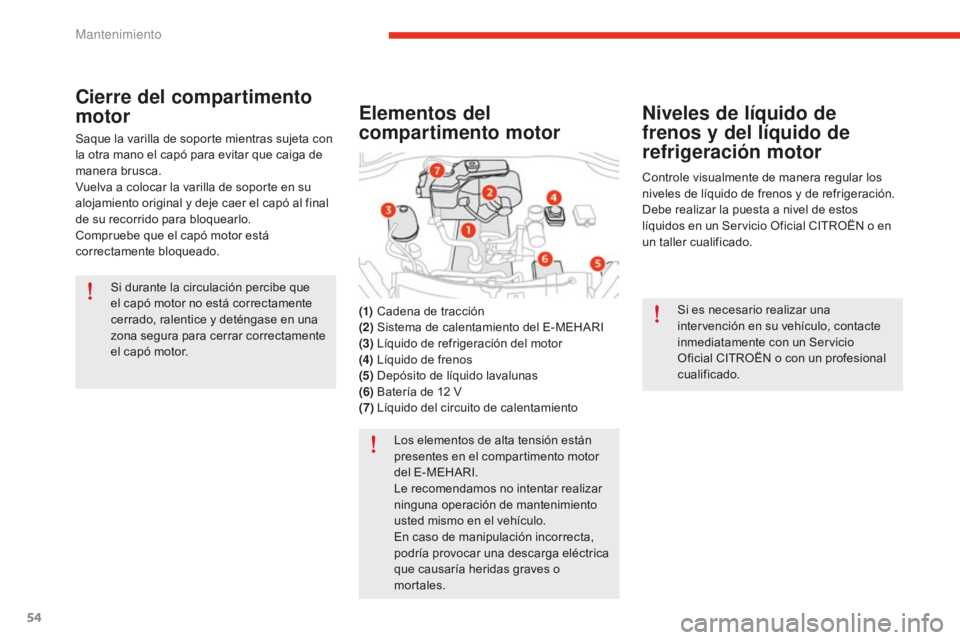 CITROEN E-MEHARI 2017 Manuales de Empleo (in Spanish) 54
e-mehari_es_Chap04_entretien_ed02-2016
Si durante la circulación percibe que
el capó motor no está correctamente
cerrado, ralentice y deténgase en una
zona segura para cerrar correctamente
CITROEN E-MEHARI 2017 Manuales de Empleo (in Spanish) 54
e-mehari_es_Chap04_entretien_ed02-2016
Si durante la circulación percibe que
el capó motor no está correctamente
cerrado, ralentice y deténgase en una
zona segura para cerrar correctamente