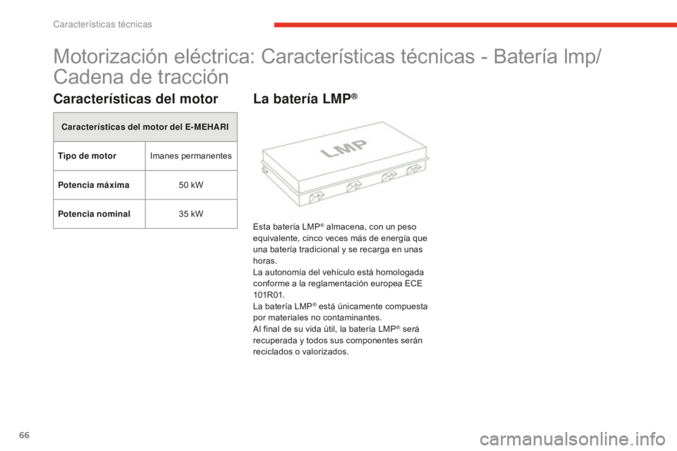 CITROEN E-MEHARI 2017  Manuales de Empleo (in Spanish) 66
e-mehari_es_Chap06_caracteristiques-techniques_ed02-2016
Motorización eléctrica: Características técnicas - Batería lmp/
Cadena de tracción
Características del motor
Características del mot