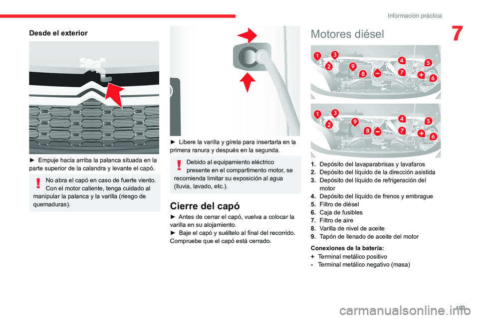 CITROEN JUMPER 2020  Manuales de Empleo (in Spanish) 103
Información práctica
7Desde el exterior 
 
► Empuje hacia arriba la palanca situada en la 
parte superior de la calandra y levante el capó.
No abra el capó en caso de fuerte viento.
Con el m