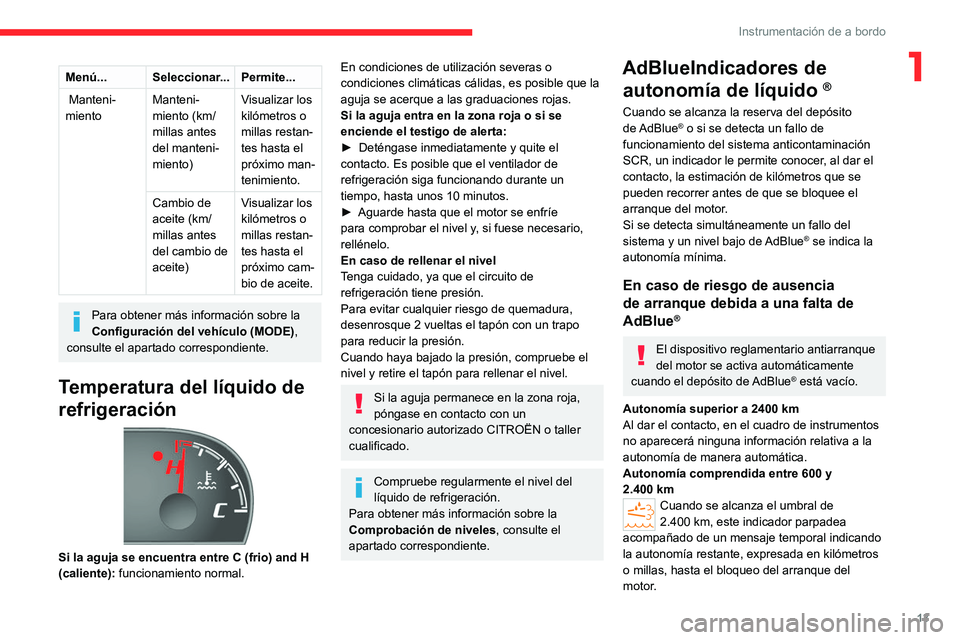 CITROEN JUMPER 2020  Manuales de Empleo (in Spanish) 13
Instrumentación de a bordo
1Menú...Seleccionar... Permite...
 Manteni-
miento Manteni-
miento (km/
millas antes 
del manteni -
miento) Visualizar los 
kilómetros o 
millas restan -
tes hasta el 