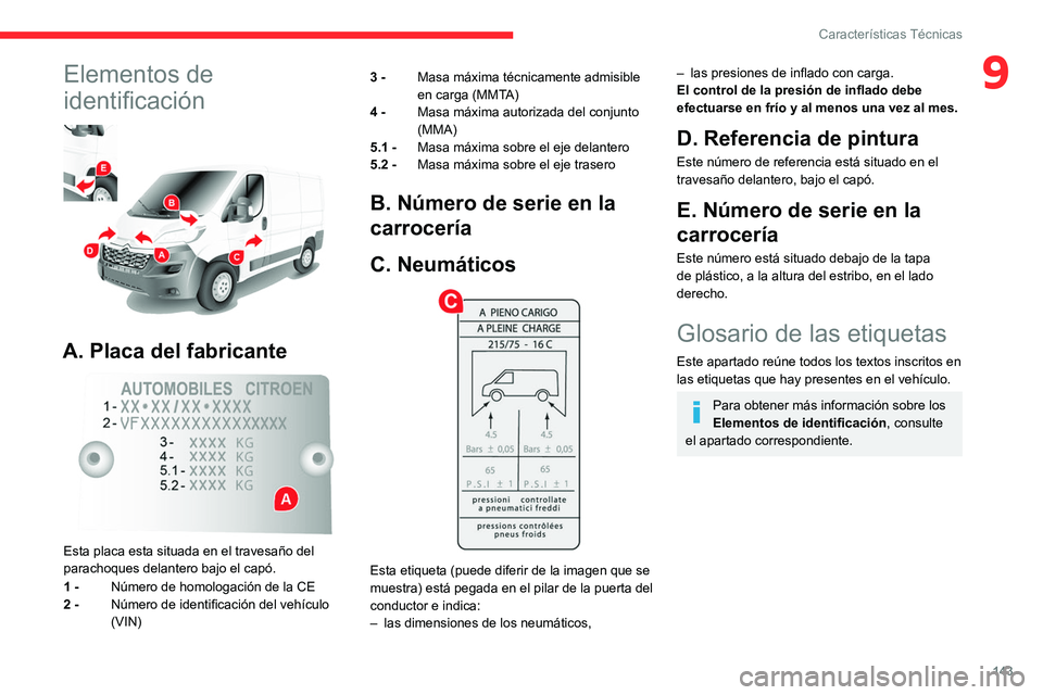 CITROEN JUMPER 2020  Manuales de Empleo (in Spanish) 143
Características Técnicas
9Elementos de 
identificación
 
 
A. Placa del fabricante 
 
Esta placa esta situada en el travesaño del 
parachoques delantero bajo el capó.
1 -  Número de homologa