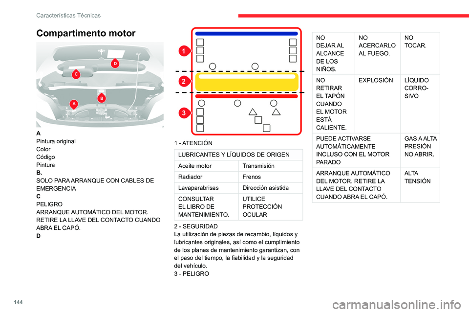 CITROEN JUMPER 2020  Manuales de Empleo (in Spanish) 144
Características Técnicas
Compartimento motor 
 
A
Pintura original
Color
Código
Pintura
B.
SOLO PARA ARRANQUE CON CABLES DE 
EMERGENCIA
C
PELIGRO
ARRANQUE AUTOMÁTICO DEL MOTOR. 
RETIRE LA LLAV