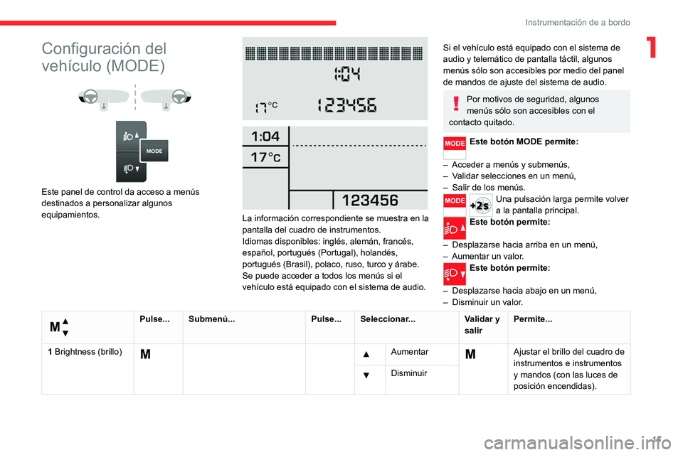 CITROEN JUMPER 2020  Manuales de Empleo (in Spanish) 15
Instrumentación de a bordo
1Configuración del 
vehículo (MODE)
 
 
 
 
Este panel de control da acceso a menús 
destinados a personalizar algunos 
equipamientos.
 
 
 
 
La información corresp