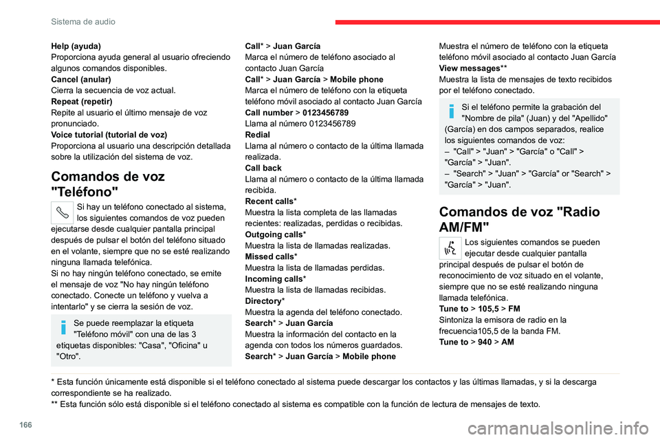 CITROEN JUMPER 2020  Manuales de Empleo (in Spanish) 166
Sistema de audio
Sintoniza la emisora de radio en la frecuencia 
940 de la banda AM.
Tune to * > RNE > FM
Sintoniza la emisora RNE en la radio.
Comandos de voz 
"Multimedia"
Los siguientes