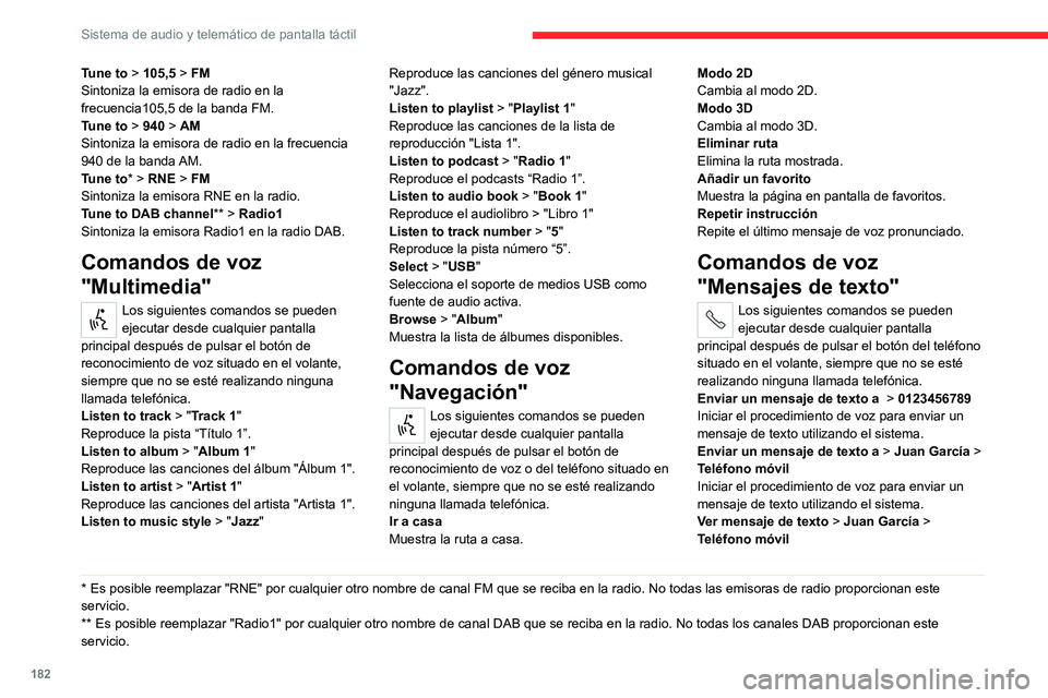 CITROEN JUMPER 2020 Manuales de Empleo (in Spanish) 182
Sistema de audio y telemático de pantalla táctil
Tune to > 105,5 > FM
Sintoniza la emisora de radio en la
frecuencia105,5 de la banda FM.
Tune to > 940 > AM
Sintoniza la emisora de radio en la CITROEN JUMPER 2020 Manuales de Empleo (in Spanish) 182
Sistema de audio y telemático de pantalla táctil
Tune to > 105,5 > FM
Sintoniza la emisora de radio en la
frecuencia105,5 de la banda FM.
Tune to > 940 > AM
Sintoniza la emisora de radio en la