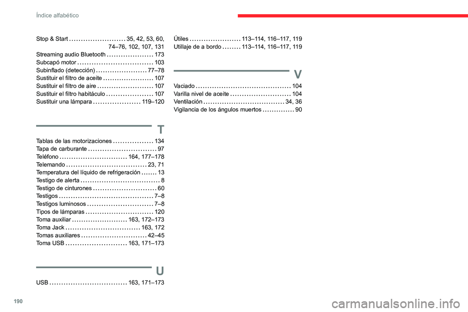 CITROEN JUMPER 2020  Manuales de Empleo (in Spanish) 190
Índice alfabético
Stop & Start    35, 42, 53, 60,  
74–76, 102, 107, 131
Streaming audio Bluetooth    173
Subcapó motor     103
Subinflado (detección)    77–78
Sustituir el filtro de aceit