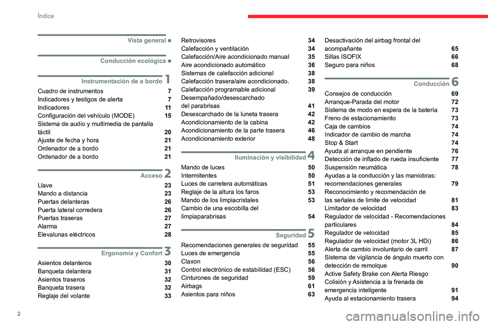 CITROEN JUMPER 2020  Manuales de Empleo (in Spanish) 2
Índice
 
 
 
 
 
   ■
Vista general
  ■
Conducción ecológica
 1Instrumentación de a bordo
Cuadro de instrumentos  7
Indicadores y testigos de alerta  7
Indicadores  11
Configuración del