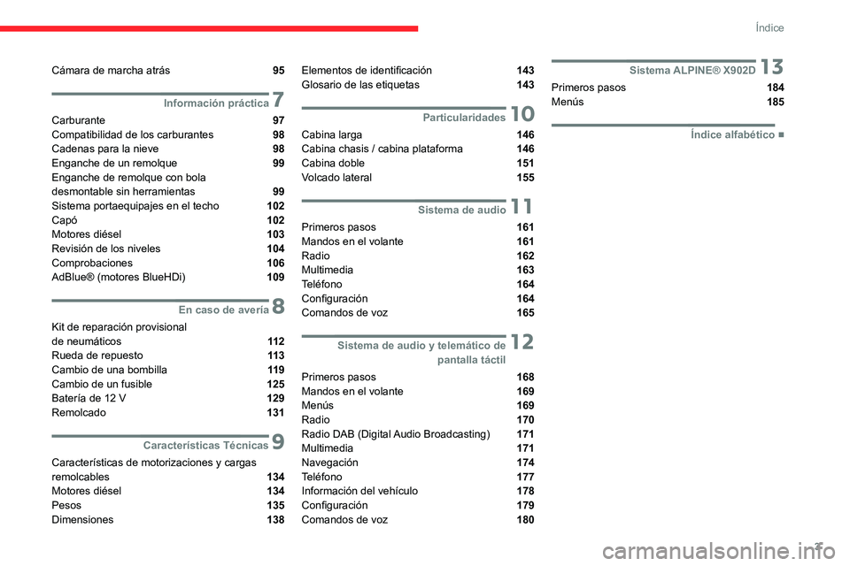 CITROEN JUMPER 2020  Manuales de Empleo (in Spanish) 3
Índice
Cámara de marcha atrás  95
 7Información práctica
Carburante  97
Compatibilidad de los carburantes  98
Cadenas para la nieve  98
Enganche de un remolque  99
Enganche de remolque con bola