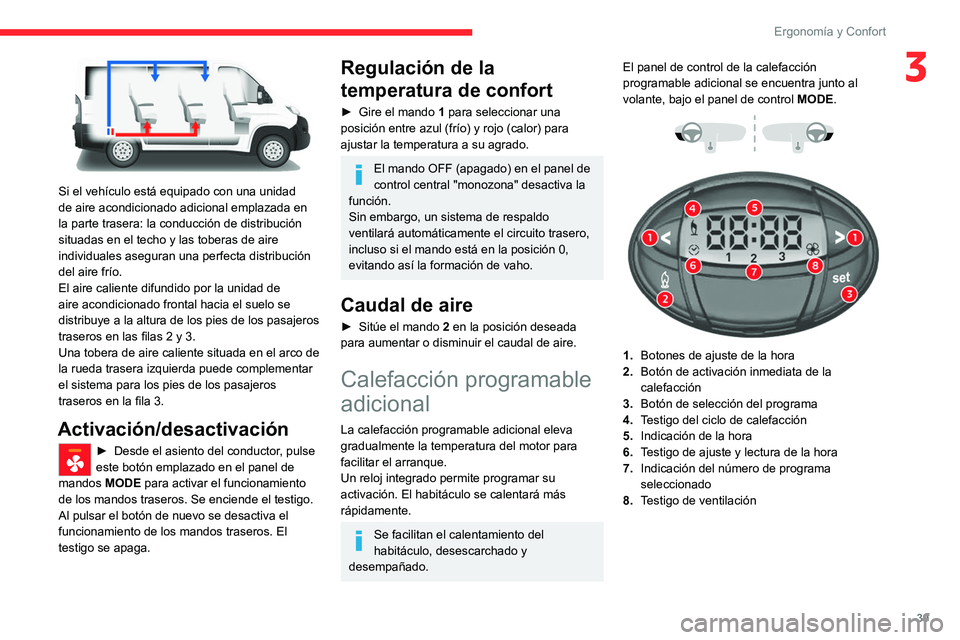 CITROEN JUMPER 2020  Manuales de Empleo (in Spanish) 39
Ergonomía y Confort
3
 
Si el vehículo está equipado con una unidad 
de aire acondicionado adicional emplazada en 
la parte trasera: la conducción de distribución 
situadas en el techo y las t