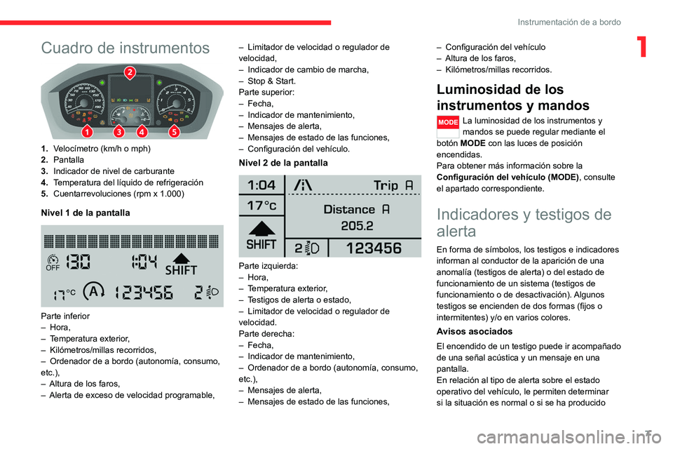 CITROEN JUMPER 2020  Manuales de Empleo (in Spanish) 7
Instrumentación de a bordo
1Cuadro de instrumentos 
 
1.Velocímetro (km/h o mph)
2. Pantalla
3. Indicador de nivel de carburante
4. Temperatura del líquido de refrigeración
5. Cuentarrevolucione