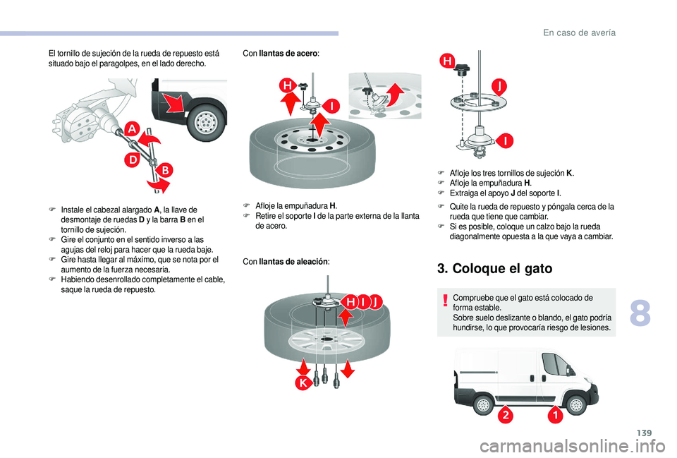 CITROEN JUMPER 2019 Manuales de Empleo (in Spanish) 139
El tornillo de sujeción de la rueda de repuesto está
situado bajo el paragolpes, en el lado derecho.Con
llantas de acero :
Con llantas de aleación :
F
I
nstale el cabezal alargado A , la l CITROEN JUMPER 2019 Manuales de Empleo (in Spanish) 139
El tornillo de sujeción de la rueda de repuesto está
situado bajo el paragolpes, en el lado derecho.Con
llantas de acero :
Con llantas de aleación :
F
I
nstale el cabezal alargado A , la l