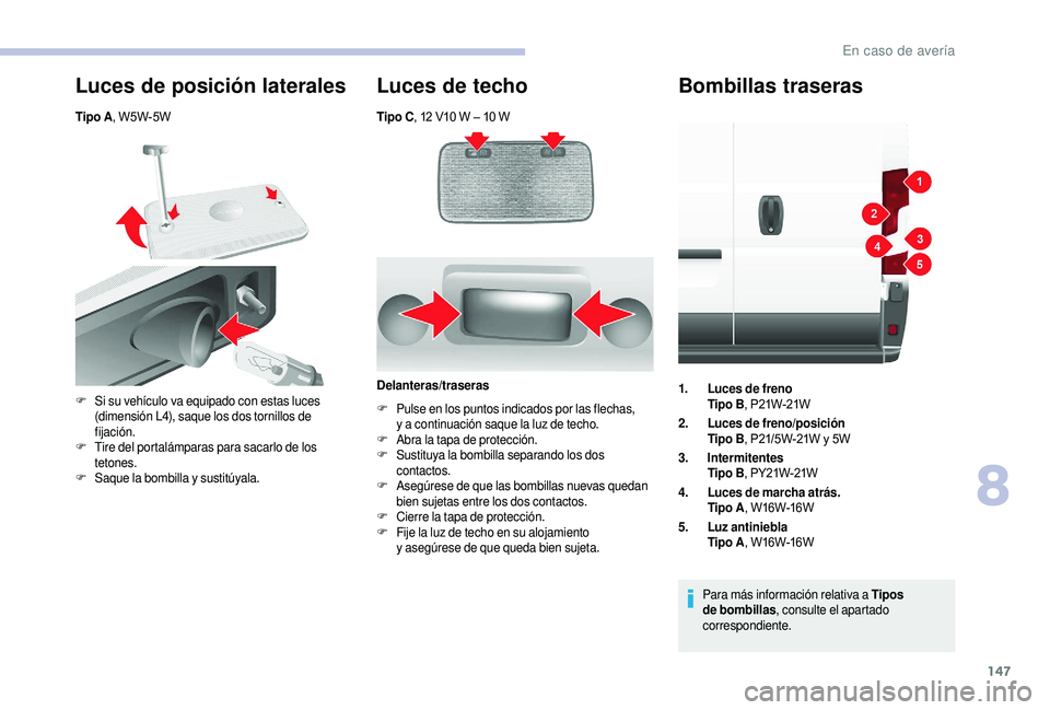 CITROEN JUMPER 2019 Manuales de Empleo (in Spanish) 147
Tipo C, 12 V10 W – 10 W
Luces de posición laterales
Tipo A, W5W-5W
Luces de techo
F Si su vehículo va equipado con estas luces
(dimensión L4), saque los dos tornillos de
fijación.
F
CITROEN JUMPER 2019 Manuales de Empleo (in Spanish) 147
Tipo C, 12 V10 W – 10 W
Luces de posición laterales
Tipo A, W5W-5W
Luces de techo
F Si su vehículo va equipado con estas luces
(dimensión L4), saque los dos tornillos de
fijación.
F