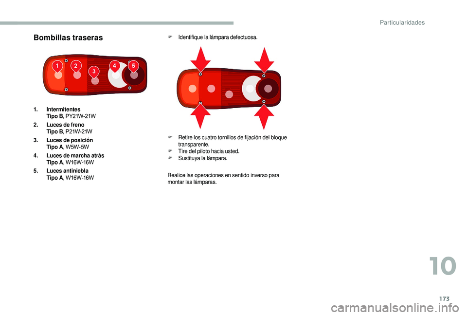 CITROEN JUMPER 2019 Manuales de Empleo (in Spanish) 173
Bombillas traserasF Identifique la lámpara defectuosa.
Realice las operaciones en sentido inverso para
montar las lámparas.
1.
Intermitentes
Tipo B , PY21W-21W
2. Luces de freno
Tipo B , P21W-2 CITROEN JUMPER 2019 Manuales de Empleo (in Spanish) 173
Bombillas traserasF Identifique la lámpara defectuosa.
Realice las operaciones en sentido inverso para
montar las lámparas.
1.
Intermitentes
Tipo B , PY21W-21W
2. Luces de freno
Tipo B , P21W-2