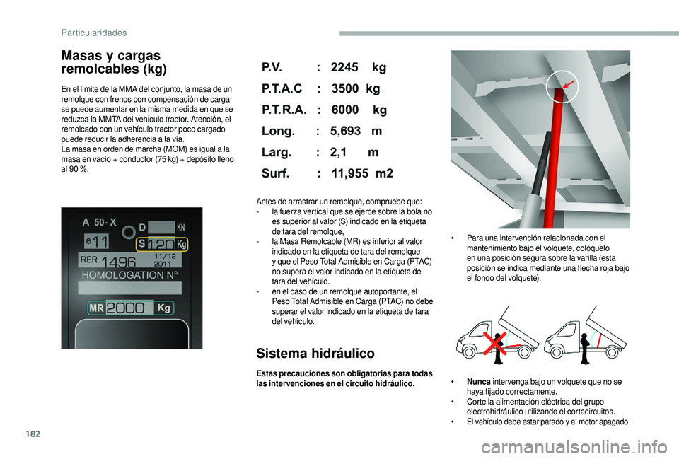 CITROEN JUMPER 2019 Manuales de Empleo (in Spanish) 182
Masas y cargas
remolcables (kg)
En el límite de la MMA del conjunto, la masa de un
remolque con frenos con compensación de carga
se puede aumentar en la misma medida en que se
reduzca la MMT CITROEN JUMPER 2019 Manuales de Empleo (in Spanish) 182
Masas y cargas
remolcables (kg)
En el límite de la MMA del conjunto, la masa de un
remolque con frenos con compensación de carga
se puede aumentar en la misma medida en que se
reduzca la MMT
