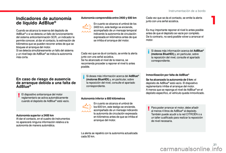 CITROEN JUMPER 2019 Manuales de Empleo (in Spanish) 21
Indicadores de autonomía
de líquido AdBlue®
Cuando se alcanza la reser va del depósito de
AdBlue® o si se detecta un fallo de funcionamiento
del sistema anticontaminación SCR, un indicador CITROEN JUMPER 2019 Manuales de Empleo (in Spanish) 21
Indicadores de autonomía
de líquido AdBlue®
Cuando se alcanza la reser va del depósito de
AdBlue® o si se detecta un fallo de funcionamiento
del sistema anticontaminación SCR, un indicador