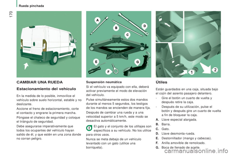 CITROEN JUMPER 2017  Manuales de Empleo (in Spanish)  170
Jumper_es_Chap08_Aide-Rapide_ed01-2016
Estacionamiento del vehículo
En la medida de lo posible, inmovilice el 
vehículo sobre suelo horizontal, estable y no 
deslizante.
Accione el freno de est