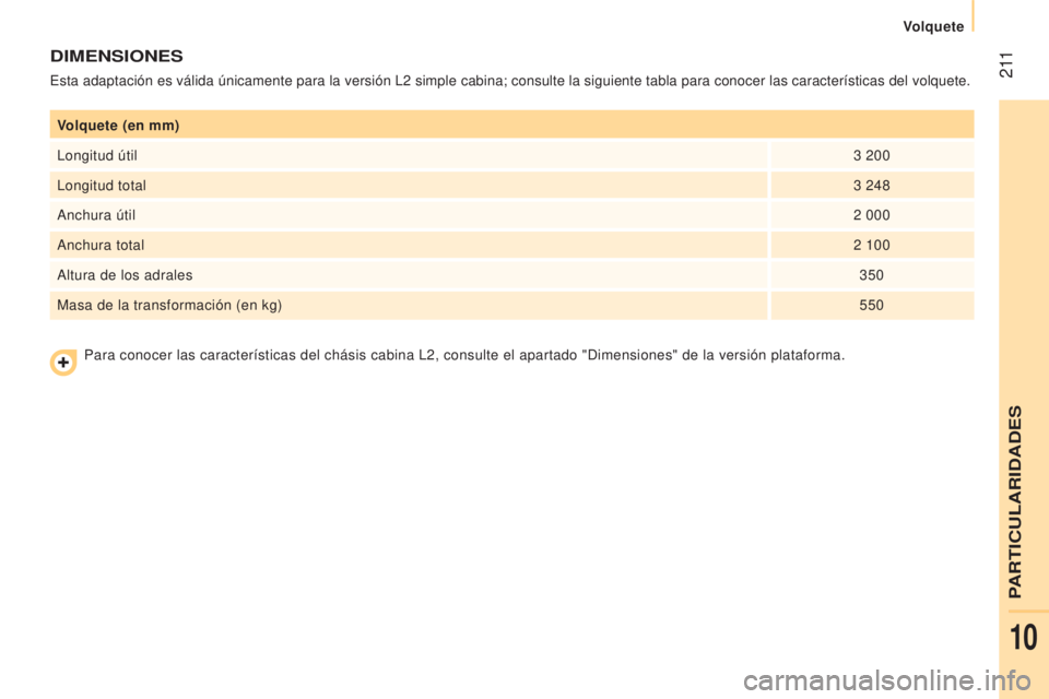 CITROEN JUMPER 2017  Manuales de Empleo (in Spanish)  2 11
Volquete
Jumper_es_Chap10_Particularites_ed01-2016
Volquete (en mm)
Longitud útil3
  200
Longitud total 3
  248
Anchura útil 2
  000
Anchura total 2
  100
Altura de los adrales 350
Masa de la 
