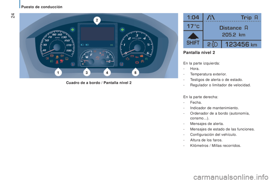 CITROEN JUMPER 2017  Manuales de Empleo (in Spanish)  24
Jumper_es_Chap02_Pret-a-Partir_ed01-2016
Pantalla nivel 2
En la parte izquierda:
-  Hora.
-
 
T
 emperatura exterior.
-
 
T
 estigos de alerta o de estado.
-
 
Regulador o limitador de velocidad.
