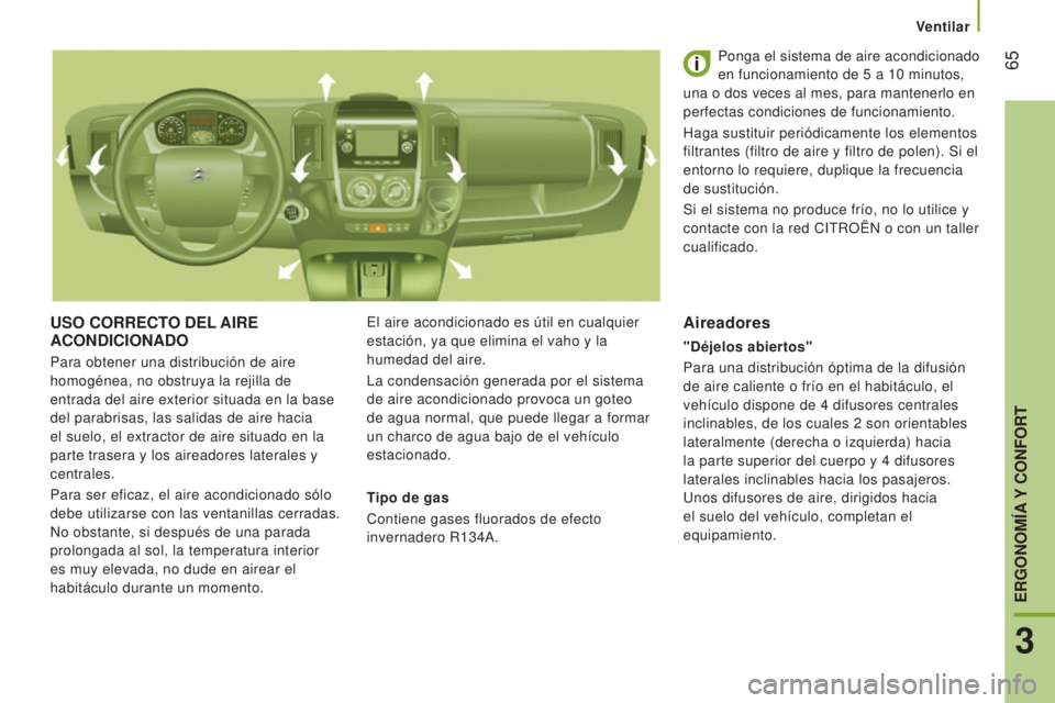 CITROEN JUMPER 2017 Manuales de Empleo (in Spanish) Ventilar
65
Jumper_es_Chap03_Ergo-et-confort_ed01-2016
USO CORRECTO DEL AIRE ACONDICIONADO
El aire acondicionado es útil en cualquier
estación, ya que elimina el vaho y la
humedad del aire.
La co CITROEN JUMPER 2017 Manuales de Empleo (in Spanish) Ventilar
65
Jumper_es_Chap03_Ergo-et-confort_ed01-2016
USO CORRECTO DEL AIRE ACONDICIONADO
El aire acondicionado es útil en cualquier
estación, ya que elimina el vaho y la
humedad del aire.
La co