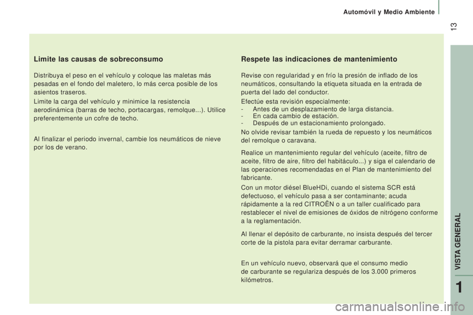 CITROEN JUMPER 2016  Manuales de Empleo (in Spanish)  13
jumper_es_Chap01_vue-ensemble_ed01-2015
Limite las causas de sobreconsumo
Distribuya el peso en el vehículo y coloque las maletas más 
pesadas en el fondo del maletero, lo más cerca posible de 