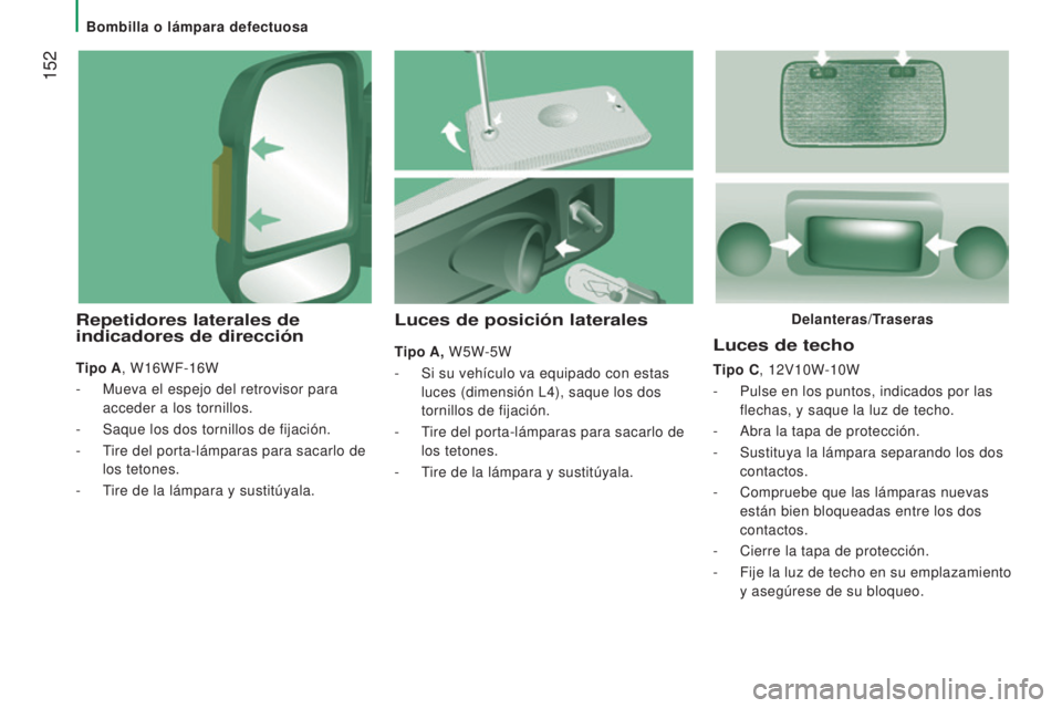 CITROEN JUMPER 2016 Manuales de Empleo (in Spanish) 152
jumper_es_Chap08_Aide-Rapide_ed01-2015
Luces de techo
Tipo C, 12V10W-10W
-
Pulse en los puntos, indicados por las
flechas, y saque la luz de techo.
-
Abra la tapa de protección.
-
Susti CITROEN JUMPER 2016 Manuales de Empleo (in Spanish) 152
jumper_es_Chap08_Aide-Rapide_ed01-2015
Luces de techo
Tipo C, 12V10W-10W
-
Pulse en los puntos, indicados por las
flechas, y saque la luz de techo.
-
Abra la tapa de protección.
-
Susti