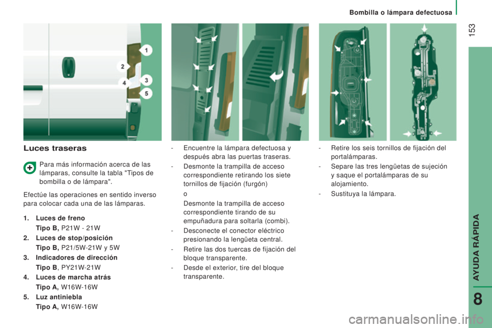 CITROEN JUMPER 2016 Manuales de Empleo (in Spanish) 153
jumper_es_Chap08_Aide-Rapide_ed01-2015
Luces traseras
Efectúe las operaciones en sentido inverso
para colocar cada una de las lámparas.
1.
Luces de freno
T
ipo B, P21W - 21W
2.
Luces de CITROEN JUMPER 2016 Manuales de Empleo (in Spanish) 153
jumper_es_Chap08_Aide-Rapide_ed01-2015
Luces traseras
Efectúe las operaciones en sentido inverso
para colocar cada una de las lámparas.
1.
Luces de freno
T
ipo B, P21W - 21W
2.
Luces de