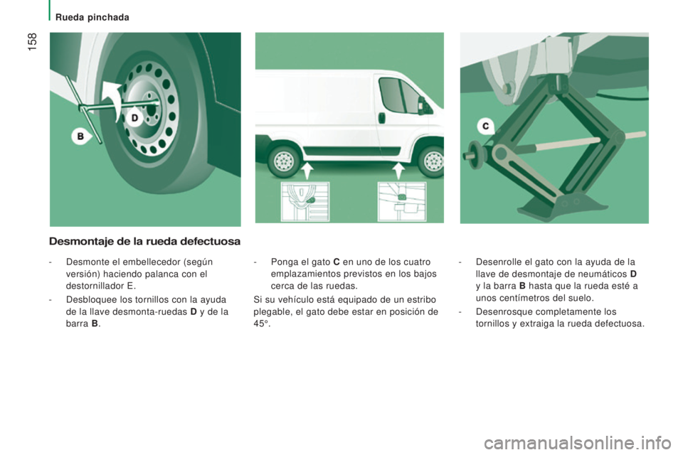 CITROEN JUMPER 2016 Manuales de Empleo (in Spanish) 158
jumper_es_Chap08_Aide-Rapide_ed01-2015
- Desenrolle el gato con la ayuda de la
llave de desmontaje de neumáticos D
y la barra B hasta que la rueda esté a
unos centímetros del suelo.
-
De CITROEN JUMPER 2016 Manuales de Empleo (in Spanish) 158
jumper_es_Chap08_Aide-Rapide_ed01-2015
- Desenrolle el gato con la ayuda de la
llave de desmontaje de neumáticos D
y la barra B hasta que la rueda esté a
unos centímetros del suelo.
-
De