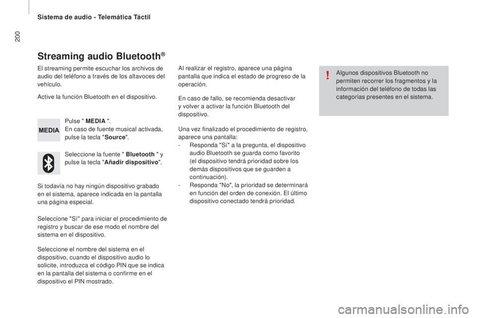 CITROEN JUMPER 2016 Manuales de Empleo (in Spanish) 200
jumper_es_Chap10a_Autoradio-Fiat-tactile-1_ed01-2015
Streaming audio Bluetooth®
El streaming permite escuchar los archivos de
audio del teléfono a través de los altavoces del
vehículo.Pulse CITROEN JUMPER 2016 Manuales de Empleo (in Spanish) 200
jumper_es_Chap10a_Autoradio-Fiat-tactile-1_ed01-2015
Streaming audio Bluetooth®
El streaming permite escuchar los archivos de
audio del teléfono a través de los altavoces del
vehículo.Pulse