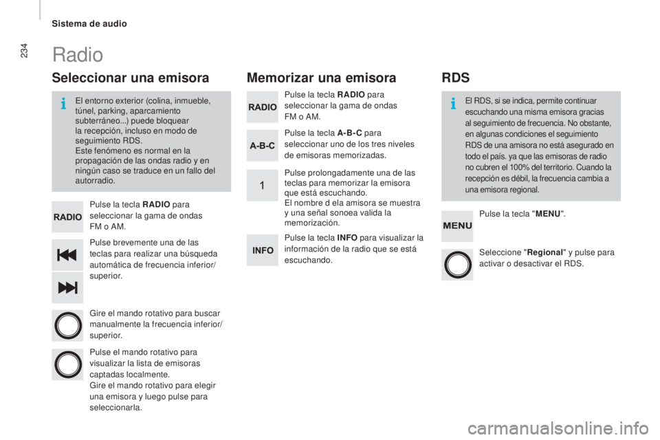 CITROEN JUMPER 2016 Manuales de Empleo (in Spanish) 234
jumper_es_Chap10b_Autoradio-Fiat-4_ed01-2015
Pulse brevemente una de las
teclas para realizar una búsqueda
automática de frecuencia inferior/
superior. Pulse la tecla RADIO para
seleccionar l CITROEN JUMPER 2016 Manuales de Empleo (in Spanish) 234
jumper_es_Chap10b_Autoradio-Fiat-4_ed01-2015
Pulse brevemente una de las
teclas para realizar una búsqueda
automática de frecuencia inferior/
superior. Pulse la tecla RADIO para
seleccionar l