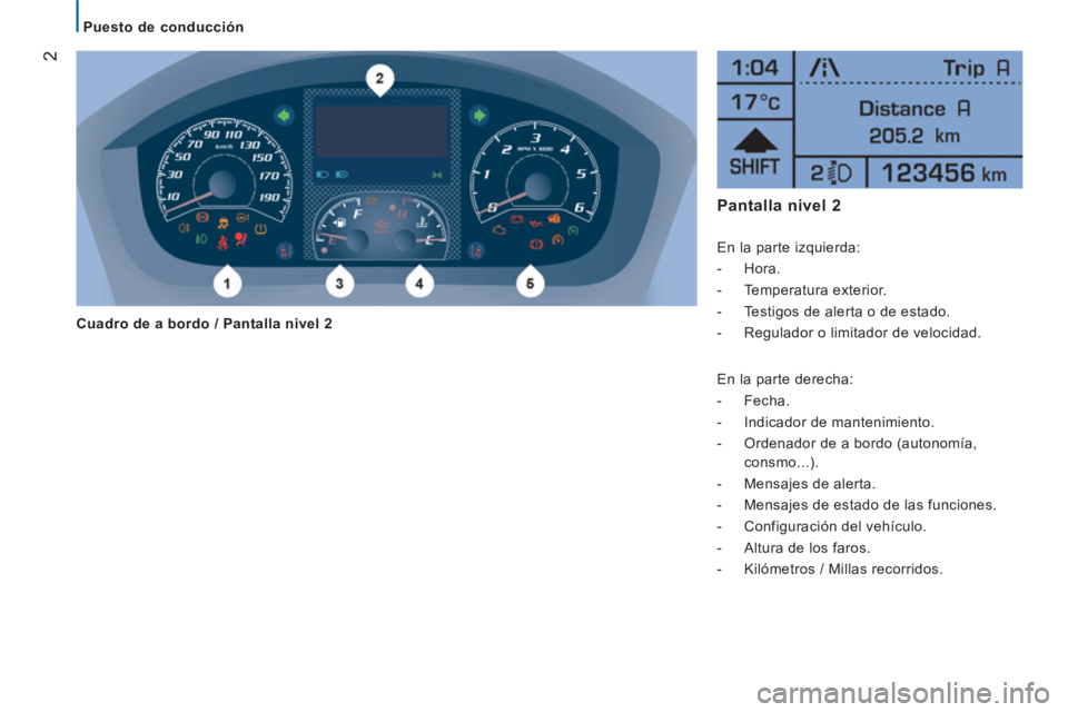 CITROEN JUMPER 2016 Manuales de Empleo (in Spanish)
Puesto de conducción
2
Pantalla nivel 2
En la parte izquierda:
- Hora.
- Temperatura exterior.
- Testigos de alerta o de estado.
- Regulador o CITROEN JUMPER 2016 Manuales de Empleo (in Spanish)
Puesto de conducción
2
Pantalla nivel 2
En la parte izquierda:
- Hora.
- Temperatura exterior.
- Testigos de alerta o de estado.
- Regulador o