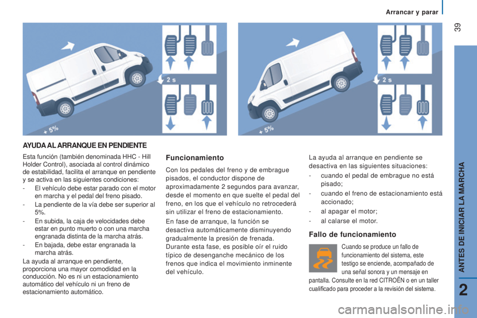 CITROEN JUMPER 2016  Manuales de Empleo (in Spanish)  39
jumper_es_Chap02_Pret-a-Partir_ed01-2015
AYUDA AL  ARRANQUE  EN  PENDIENTE
Esta función (también denominada HHC - Hill 
Holder Control), asociada al control dinámico 
de estabilidad, facilita e