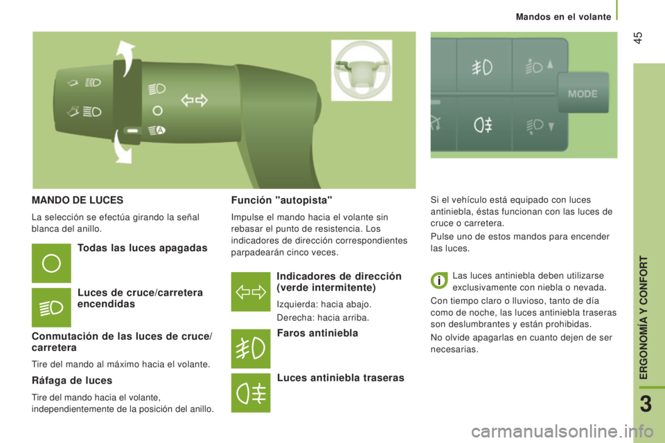 CITROEN JUMPER 2016  Manuales de Empleo (in Spanish)  45
jumper_es_Chap03_Ergo-et-confort_ed01-2015
MANDO DE LUCES
La selección se efectúa girando la señal 
blanca del anillo.
Indicadores de dirección 
(verde intermitente)
Izquierda: hacia abajo.
De