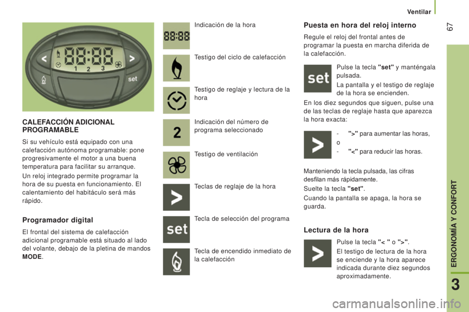 CITROEN JUMPER 2016 Manuales de Empleo (in Spanish) 67
jumper_es_Chap03_Ergo-et-confort_ed01-2015
Puesta en hora del reloj interno
Regule el reloj del frontal antes de
programar la puesta en marcha diferida de
la calefacción.Pulse la tecla "set CITROEN JUMPER 2016 Manuales de Empleo (in Spanish) 67
jumper_es_Chap03_Ergo-et-confort_ed01-2015
Puesta en hora del reloj interno
Regule el reloj del frontal antes de
programar la puesta en marcha diferida de
la calefacción.Pulse la tecla "set