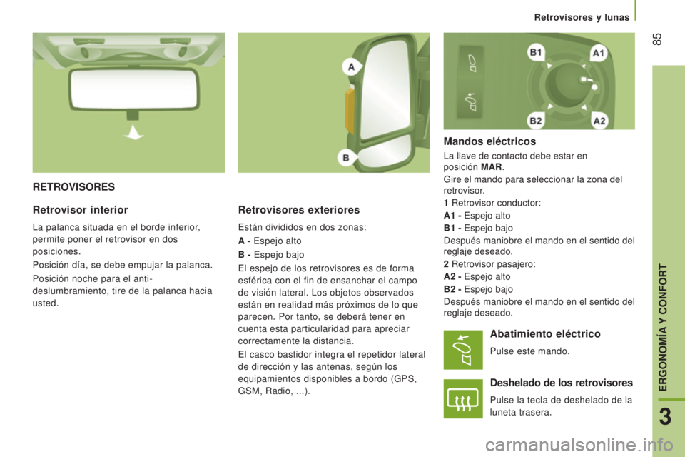 CITROEN JUMPER 2016 Manuales de Empleo (in Spanish) 85
jumper_es_Chap03_Ergo-et-confort_ed01-2015
RETROVISORESRetrovisores exteriores
Están divididos en dos zonas:
A - Espejo alto
B - Espejo bajo
El espejo de los retrovisores es de forma
esférica c CITROEN JUMPER 2016 Manuales de Empleo (in Spanish) 85
jumper_es_Chap03_Ergo-et-confort_ed01-2015
RETROVISORESRetrovisores exteriores
Están divididos en dos zonas:
A - Espejo alto
B - Espejo bajo
El espejo de los retrovisores es de forma
esférica c