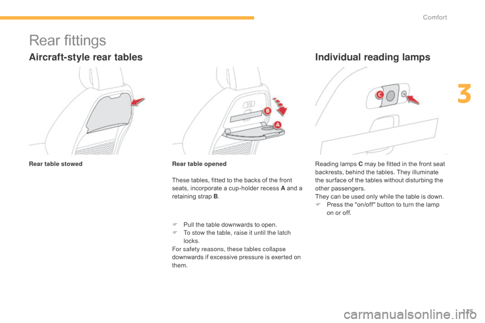 Citroen C4 PICASSO RHD 2014.5 1.G User Guide 115
Rear fittings
Aircraft-style rear tables
These tables, fitted to the backs of the front seats,  incorporate  a  cup-holder  recess  A  and  a Â
r
etaining  strap  B.
Citroen C4 PICASSO RHD 2014.5 1.G User Guide 115
Rear fittings
Aircraft-style rear tables
These tables, fitted to the backs of the front seats,  incorporate  a  cup-holder  recess  A  and  a Â
r
etaining  strap  B.