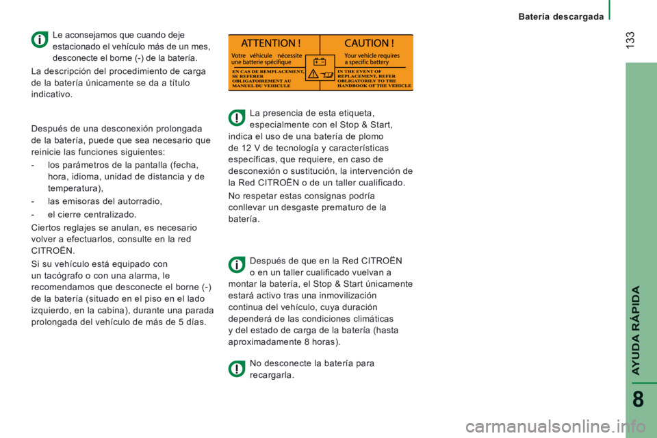 CITROEN JUMPER 2015 Manuales de Empleo (in Spanish) 133
Batería descargada
AYUDA RÁPIDA
8
JUMPER-PAPIER_ES_CHAP08_AIDE RAPIDE_ED01-2014
La presencia de esta etiqueta,
especialmente con el Stop & Start,
indica el uso de una baterí CITROEN JUMPER 2015 Manuales de Empleo (in Spanish) 133
Batería descargada
AYUDA RÁPIDA
8
JUMPER-PAPIER_ES_CHAP08_AIDE RAPIDE_ED01-2014
La presencia de esta etiqueta,
especialmente con el Stop & Start,
indica el uso de una baterí
