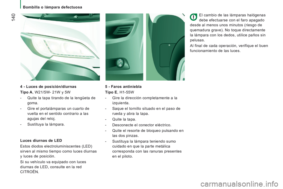 CITROEN JUMPER 2015  Manuales de Empleo (in Spanish)    Bombilla  o  lámpara  defectuosa   
 140
JUMPER-PAPIER_ES_CHAP08_AIDE RAPIDE_ED01-2014
  El cambio de las lámparas halógenas 
debe efectuarse con el faro apagado 
desde al menos unos minutos (ri