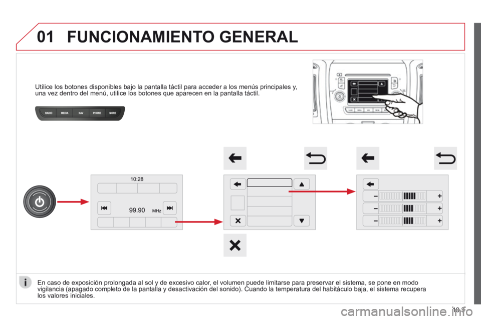 CITROEN JUMPER 2015  Manuales de Empleo (in Spanish) 01
JUMPER-PAPIER_ES_CHAP10A_AUTORADIO_FIAT-TACTILE-1_ED01-2014
         Utilice los botones disponibles bajo la pantalla táctil para acceder \
a los menús principales y, una vez dentro del menú, ut
