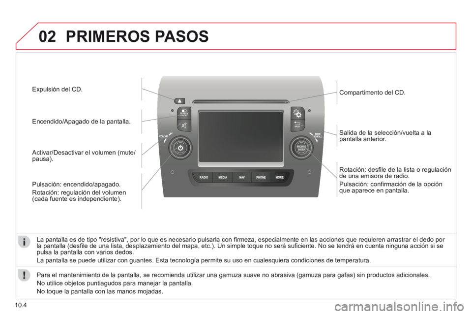 CITROEN JUMPER 2015  Manuales de Empleo (in Spanish) 02
10.4
  Rotación: desﬁ le de la lista o regulación de una emisora de radio. 
 Pulsación: conﬁ rmación de la opción que aparece en pantalla.  
  Salida de la selección/vuelta a la pantalla 