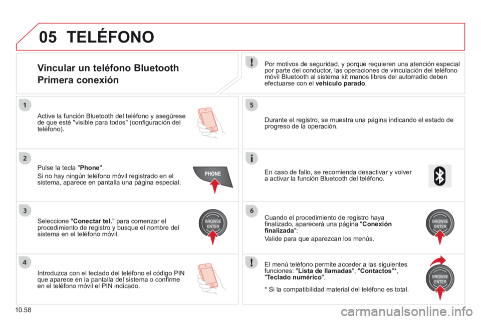 CITROEN JUMPER 2015 Manuales de Empleo (in Spanish) 05
10.58
TELÉFONO
Vincular un teléfono Bluetooth
Primera conexión
Por motivos de seguridad, y porque requieren una atención especial por parte del conductor, las operaciones de vinculación CITROEN JUMPER 2015 Manuales de Empleo (in Spanish) 05
10.58
TELÉFONO
Vincular un teléfono Bluetooth
Primera conexión
Por motivos de seguridad, y porque requieren una atención especial por parte del conductor, las operaciones de vinculación