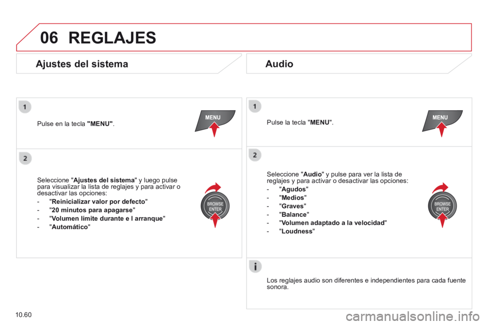 CITROEN JUMPER 2015 Manuales de Empleo (in Spanish) 06
10.60
REGLAJES
Pulse en la tecla "MENU" . Pulse la tecla " MENU ".
Los reglajes audio son diferentes e independientes para cada fuente sonora.
Ajustes del sistema Audio
Sele CITROEN JUMPER 2015 Manuales de Empleo (in Spanish) 06
10.60
REGLAJES
Pulse en la tecla "MENU" . Pulse la tecla " MENU ".
Los reglajes audio son diferentes e independientes para cada fuente sonora.
Ajustes del sistema Audio
Sele