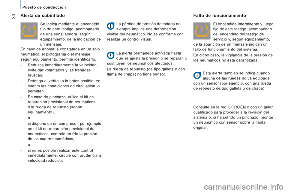 CITROEN JUMPER 2015 Manuales de Empleo (in Spanish) Puesto de conducción
34
JUMPER-PAPIER_ES_CHAP02_PRET A PARTIR_ED01-2014
Alerta de subinflado
Se indica mediante el encendido
fijo de este testigo, acompañado
de una señal sonora, CITROEN JUMPER 2015 Manuales de Empleo (in Spanish) Puesto de conducción
34
JUMPER-PAPIER_ES_CHAP02_PRET A PARTIR_ED01-2014
Alerta de subinflado
Se indica mediante el encendido
fijo de este testigo, acompañado
de una señal sonora,