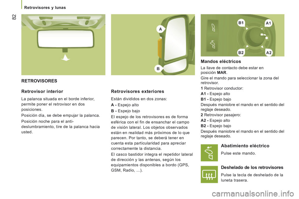 CITROEN JUMPER 2015  Manuales de Empleo (in Spanish)    Retrovisores  y  lunas   
82
JUMPER-PAPIER_ES_CHAP03_ERGO ET CONFORT_ED01-2014
 RETROVISORES   Retrovisores  exteriores 
 Están divididos en dos zonas: 
A -  Espejo alto 
B -  Espejo bajo 
 El esp